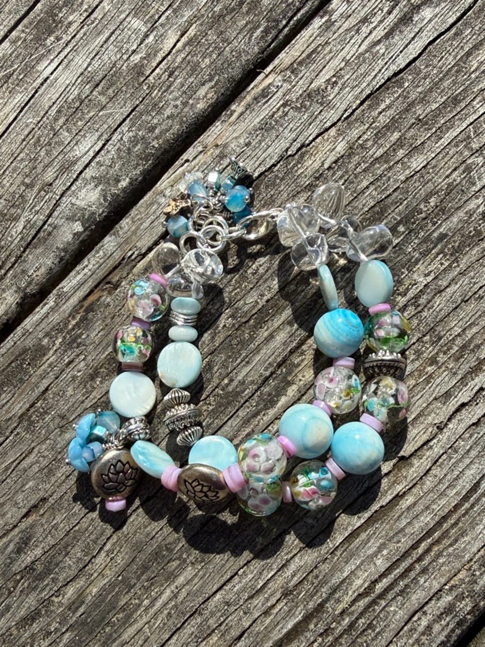 Handmade agate and glass Bead Charm Bracelet with Pastel Accents